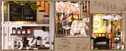 Image promotionnelle d'un serre-livres miniature (book nook) montrant l'installation d'un panneau de protection transparent. Une main insère la plaque en acrylique par une fente située sur le dessus de la maquette, qui représente une forêt fantastique illuminée. Une bulle de zoom en haut à gauche illustre l'utilisation de pincettes pour décoller le film protecteur du plastique. Le texte en haut indique : « Extra Dust Cover - Makes cleaning and protecting a breeze ».