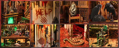 Pêle-mêle de détails d'une maquette de maison hantée en bois : cheminée avec flammes vertes, message 'HELP' en sang, corbeaux noirs, squelette sur une chaise et porte brisée. Accessoires miniatures d'horreur pour diorama.