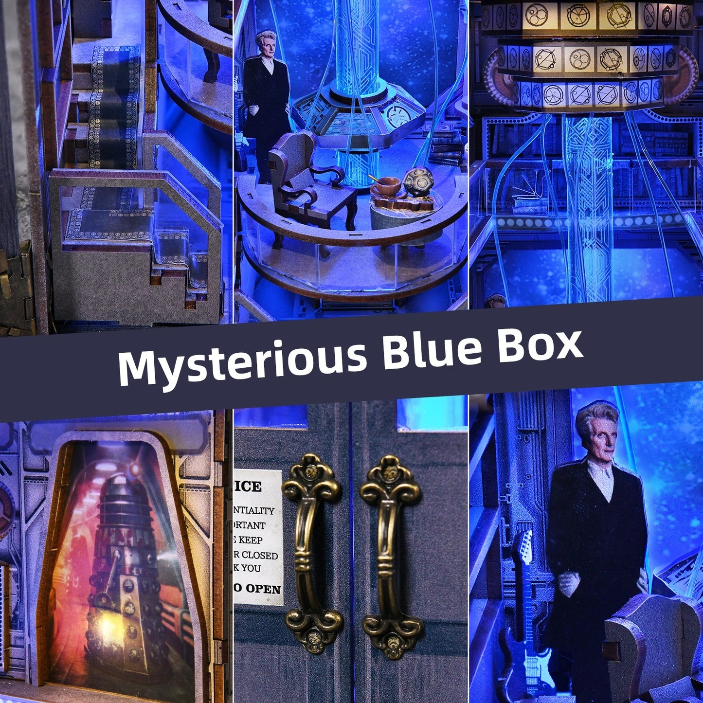 Kit DIY Book Nook en bois Mysterious Blue Box, puzzle 3D miniature avec éclairage LED bleu et interrupteur tactile, serre-livres décoratif thème science-fiction et voyage temporel.