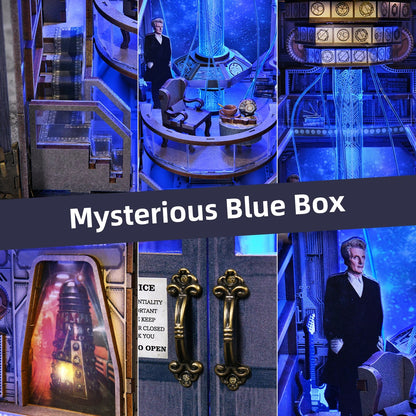 Kit DIY Book Nook en bois Mysterious Blue Box, puzzle 3D miniature avec éclairage LED bleu et interrupteur tactile, serre-livres décoratif thème science-fiction et voyage temporel.