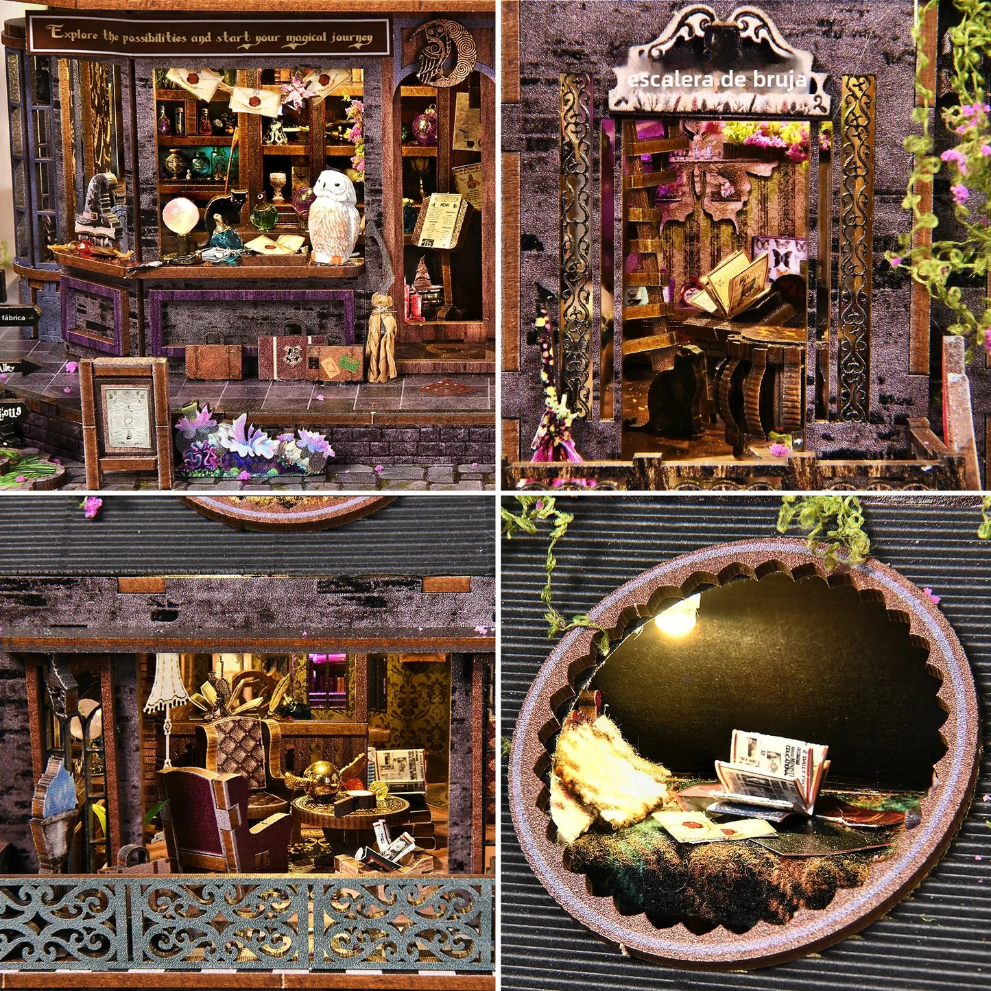 Intérieurs détaillés de la maquette Magic Castle : boutique Witch's Lair Apothecary avec chouette blanche, lettres de sorcellerie, grimoires et salon miniature avec rocking chair.