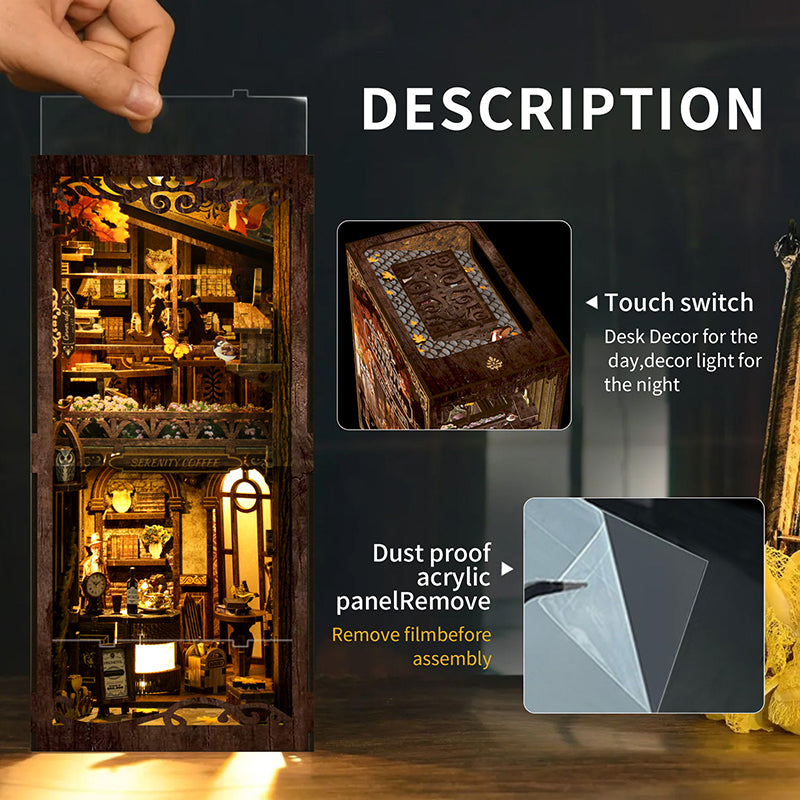 Kit Book Nook en bois 'The Philosophical Library' : serre-livres miniature DIY avec éclairage LED, bustes de philosophes et décor de bibliothèque ancienne pour décoration d'étagère.