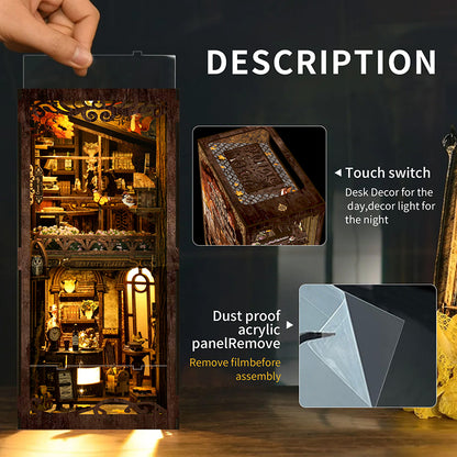 Kit Book Nook en bois 'The Philosophical Library' : serre-livres miniature DIY avec éclairage LED, bustes de philosophes et décor de bibliothèque ancienne pour décoration d'étagère.