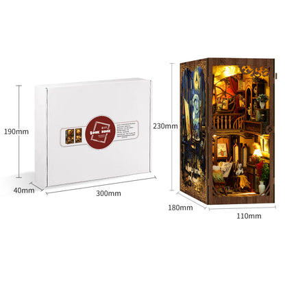Boîte et produit fini d'un puzzle en bois 3D Book Nook, décoration de bibliothèque lumineuse avec détails d'un atelier d'artiste et dimensions complètes.