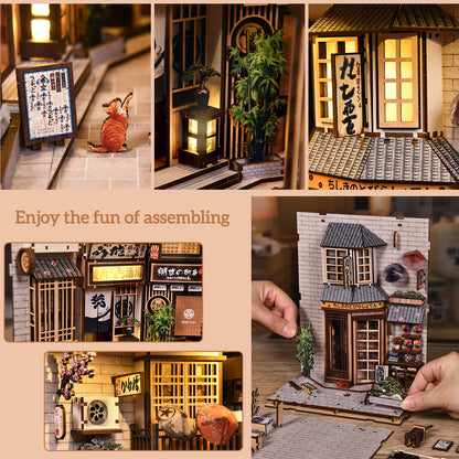 Kit Book Nook DIY en bois "The Alley Waiting for the Cat", serre-livres miniature ruelle japonaise avec éclairage LED chaleureux, fleurs de cerisier (sakura), lanternes et figurines de chats.