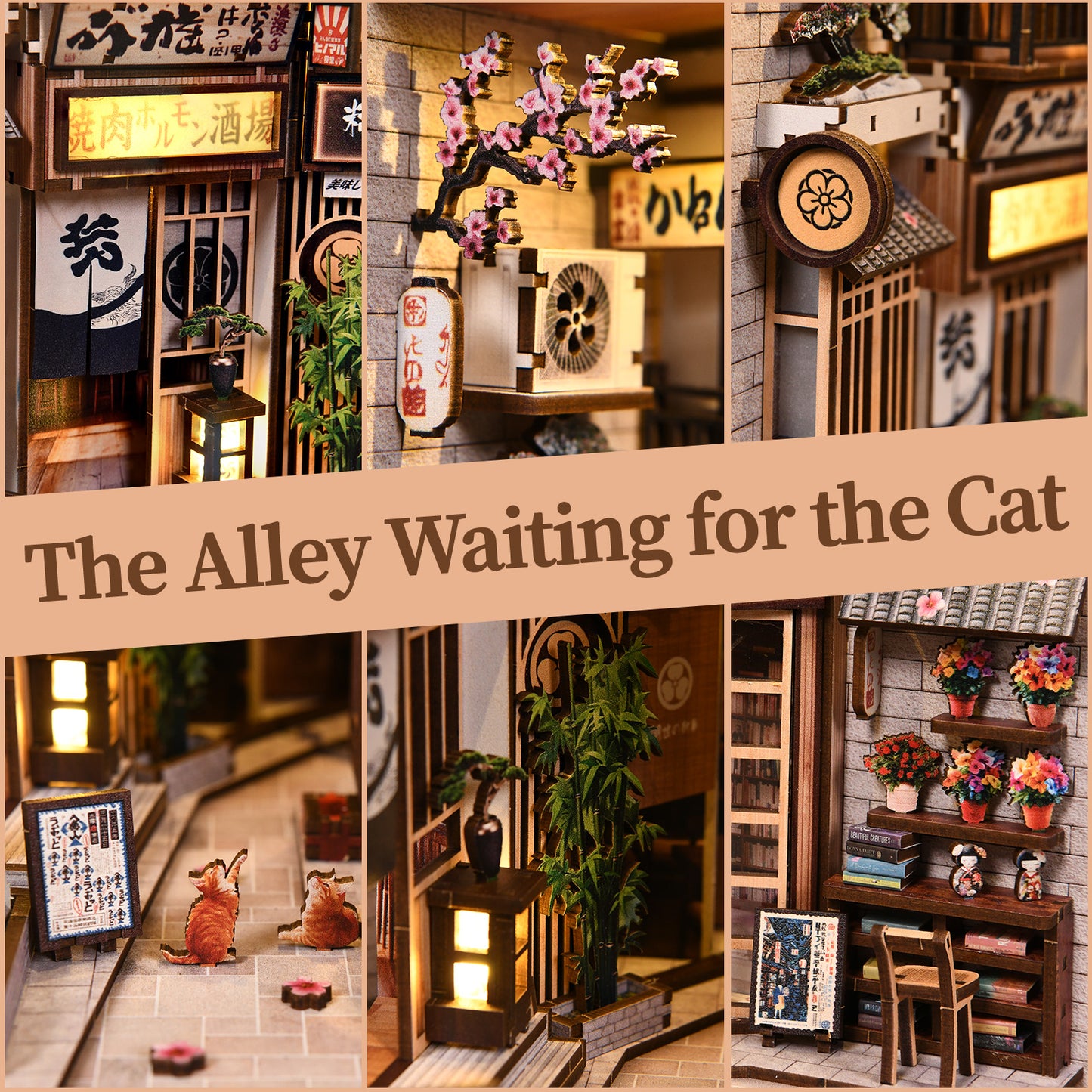 Kit Book Nook DIY en bois "The Alley Waiting for the Cat", serre-livres miniature ruelle japonaise avec éclairage LED chaleureux, fleurs de cerisier (sakura), lanternes et figurines de chats.