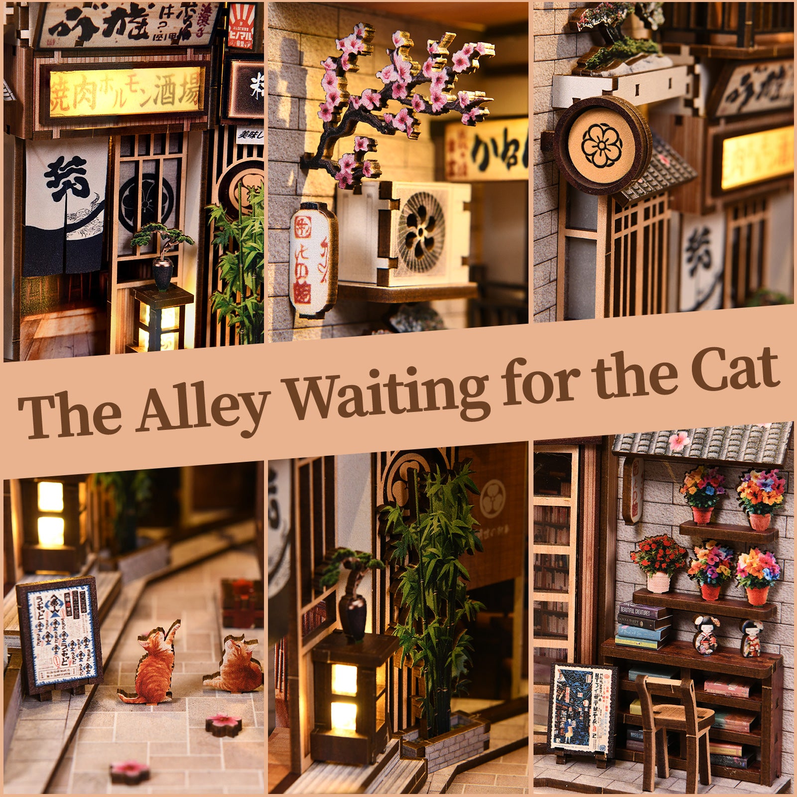 Kit Book Nook DIY en bois "The Alley Waiting for the Cat", serre-livres miniature ruelle japonaise avec éclairage LED chaleureux, fleurs de cerisier (sakura), lanternes et figurines de chats.