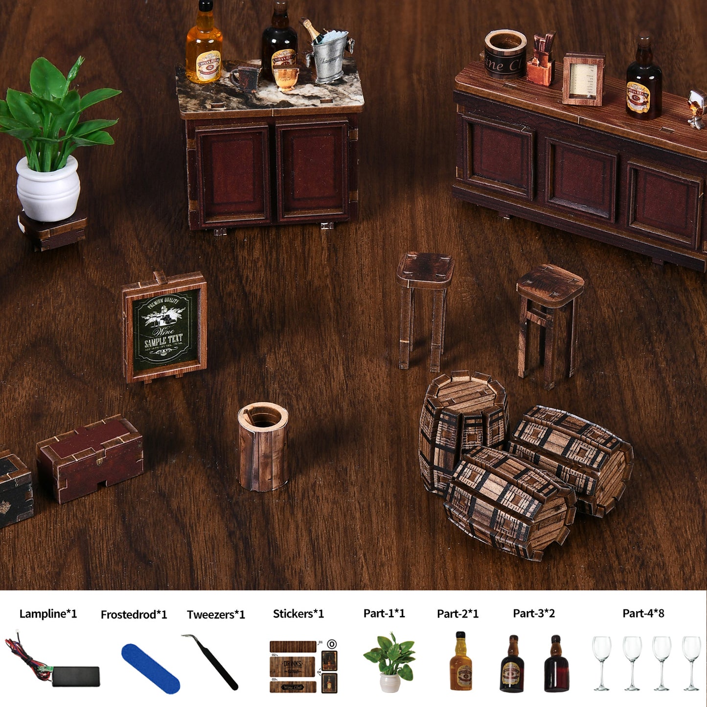 Maquette miniature en bois de style vintage "The Hidden Tavern", kit DIY serre-livres (book nook) illuminé par LED avec bar à vin détaillé et fûts de chêne.
