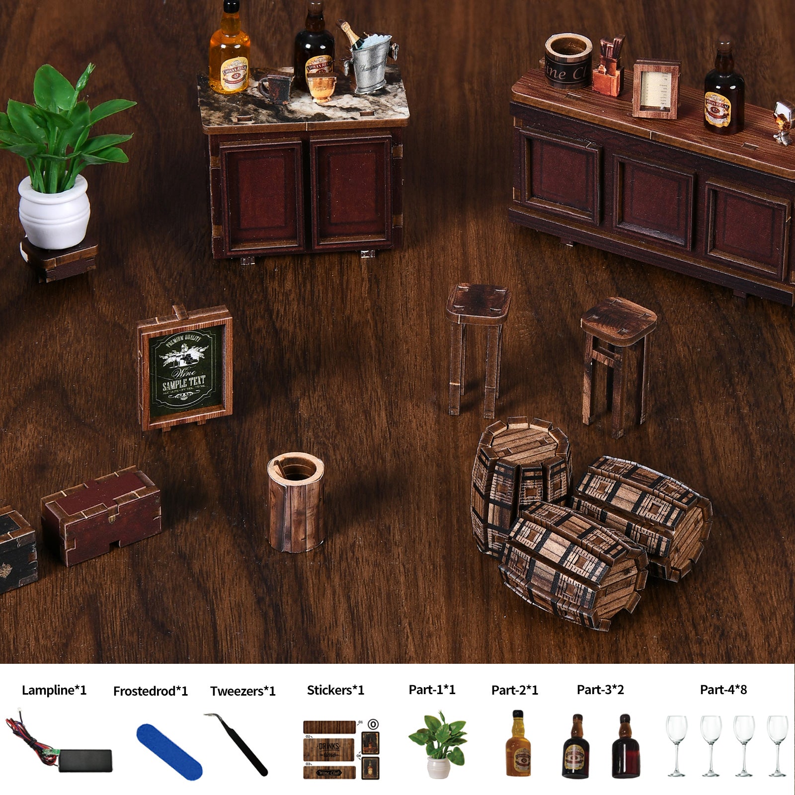 Maquette miniature en bois de style vintage "The Hidden Tavern", kit DIY serre-livres (book nook) illuminé par LED avec bar à vin détaillé et fûts de chêne.