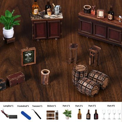 Maquette miniature en bois de style vintage "The Hidden Tavern", kit DIY serre-livres (book nook) illuminé par LED avec bar à vin détaillé et fûts de chêne.