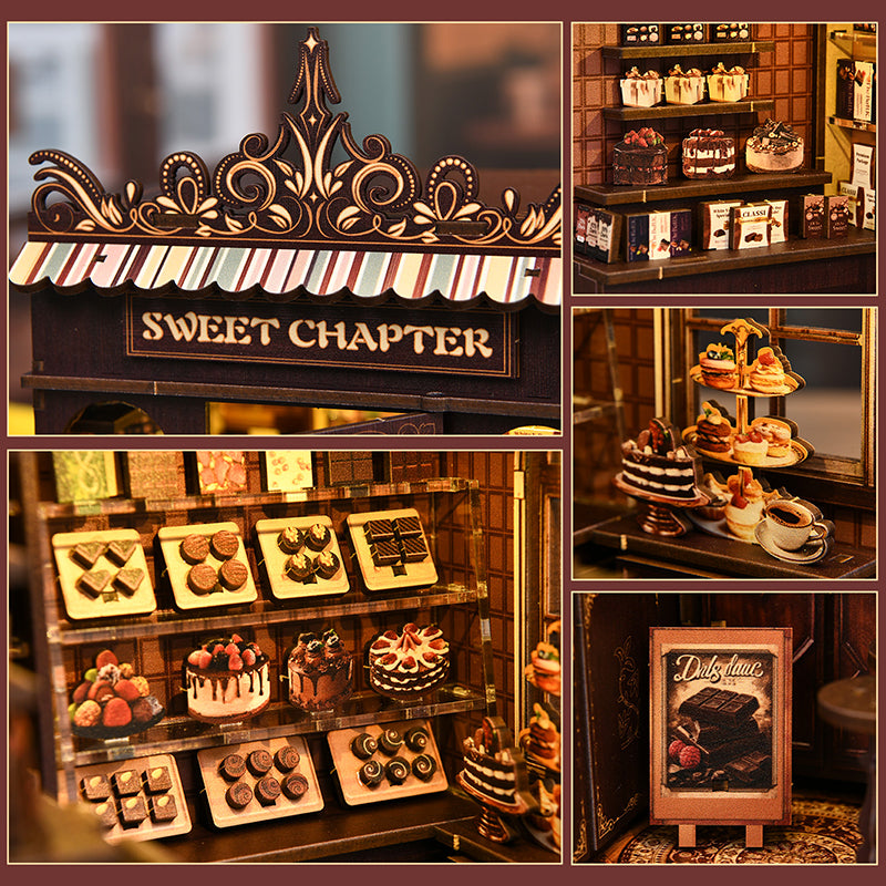 Kit DIY Book Nook Sweet Chapter : maquette de pâtisserie miniature illuminée par LED. Serre-livres décoratif en bois représentant une boutique de chocolats rétro