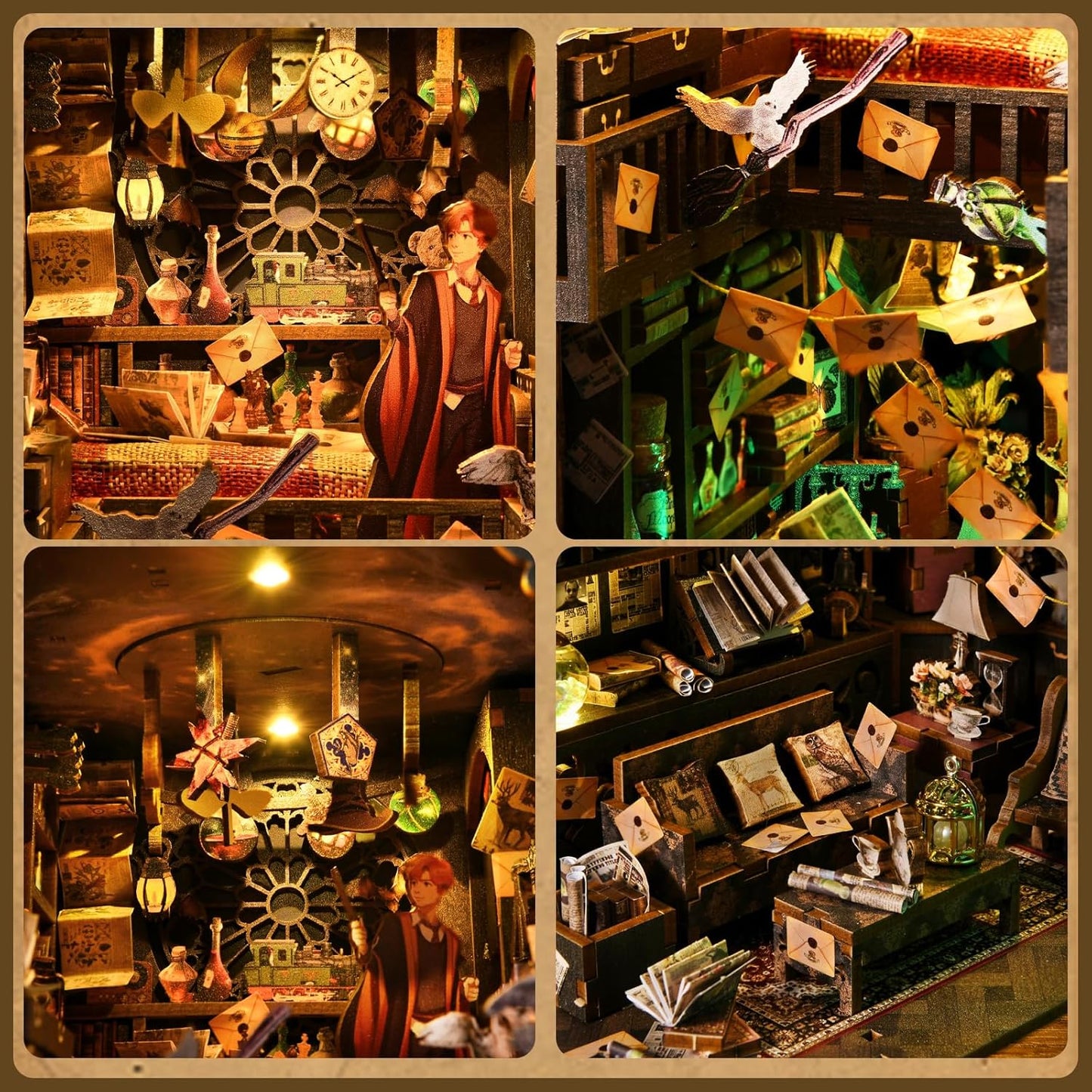 Kit Book Nook DIY "The House of Magic" : maquette de librairie de sorcier miniature avec éclairage LED mystique vert et chaud, chaudron, potions et grimoires volants.