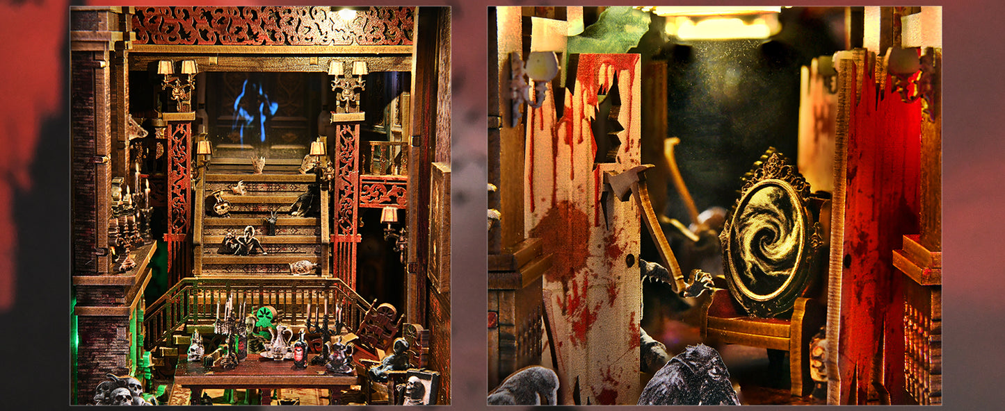 Détails d'un kit book nook maison hantée : cheminée gothique, porte ensanglantée avec message HELP, miroir mystique, corbeaux noirs, serpent géant et squelette miniature. Accessoires de décoration d'horreur pour bibliothèque