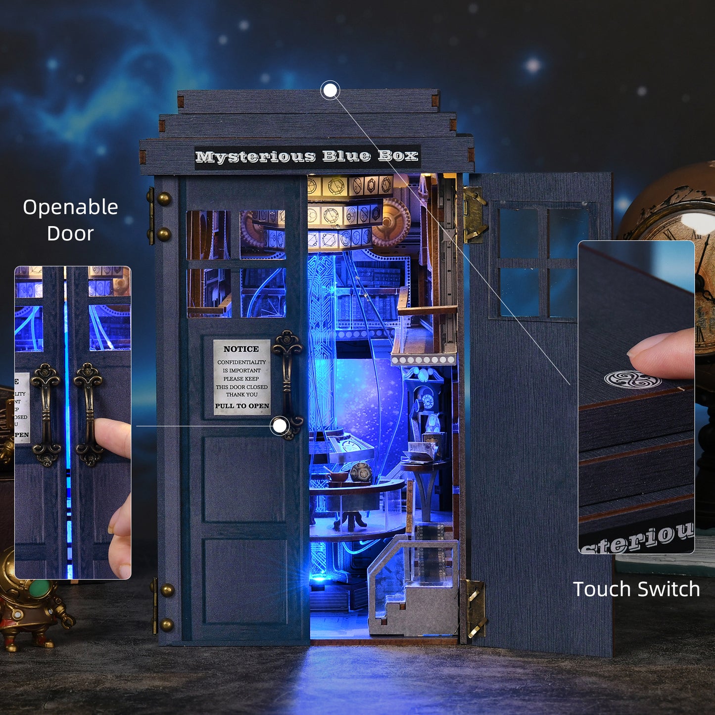 Book Nook DIY en bois Mysterious Blue Box avec éclairage LED bleu, kit de bibliothèque miniature inspiré de la science-fiction, puzzle 3D avec figurines et interrupteur tactile.