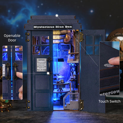 Book Nook DIY en bois Mysterious Blue Box avec éclairage LED bleu, kit de bibliothèque miniature inspiré de la science-fiction, puzzle 3D avec figurines et interrupteur tactile.