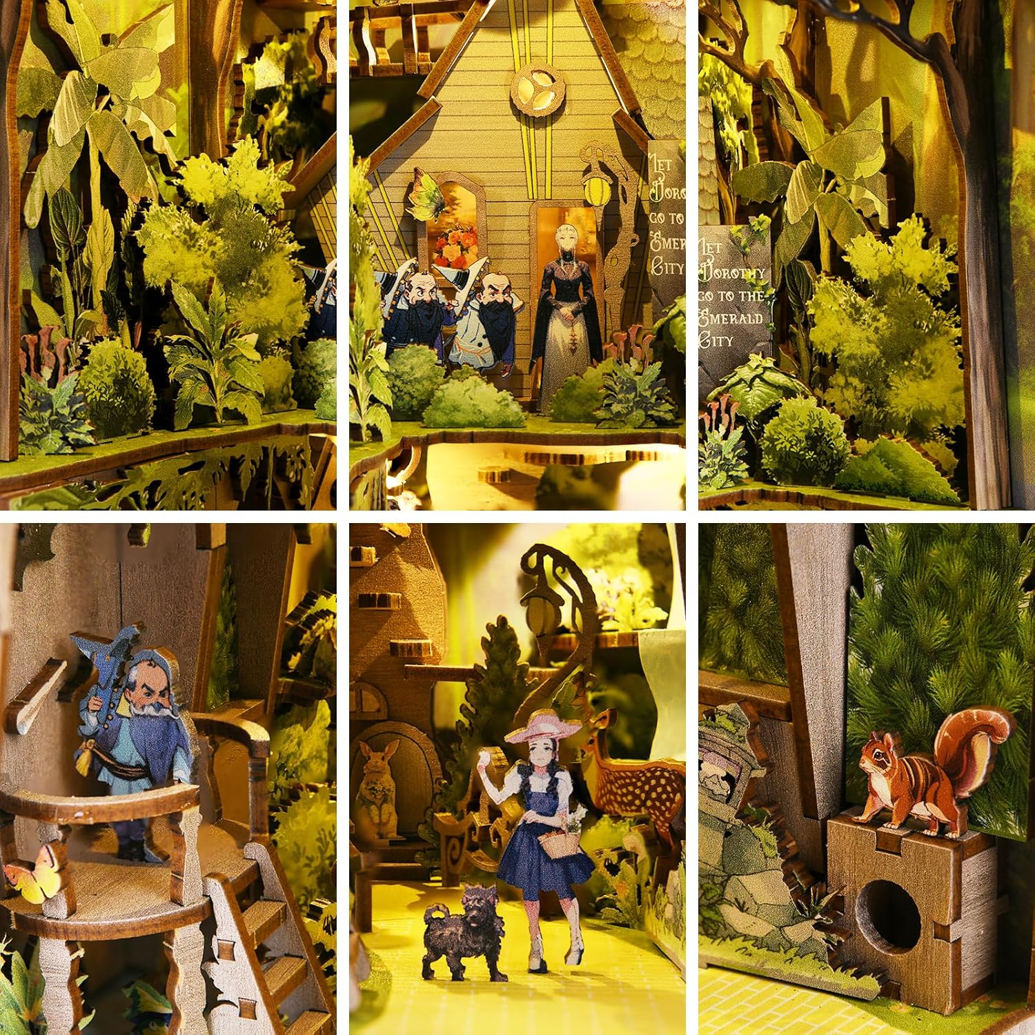 Démo vidéo du kit Book Nook DIY Magicien d'Oz : montage de la maquette en bois et vue des détails miniatures avec éclairage LED.