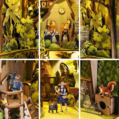 Démo vidéo du kit Book Nook DIY Magicien d'Oz : montage de la maquette en bois et vue des détails miniatures avec éclairage LED.