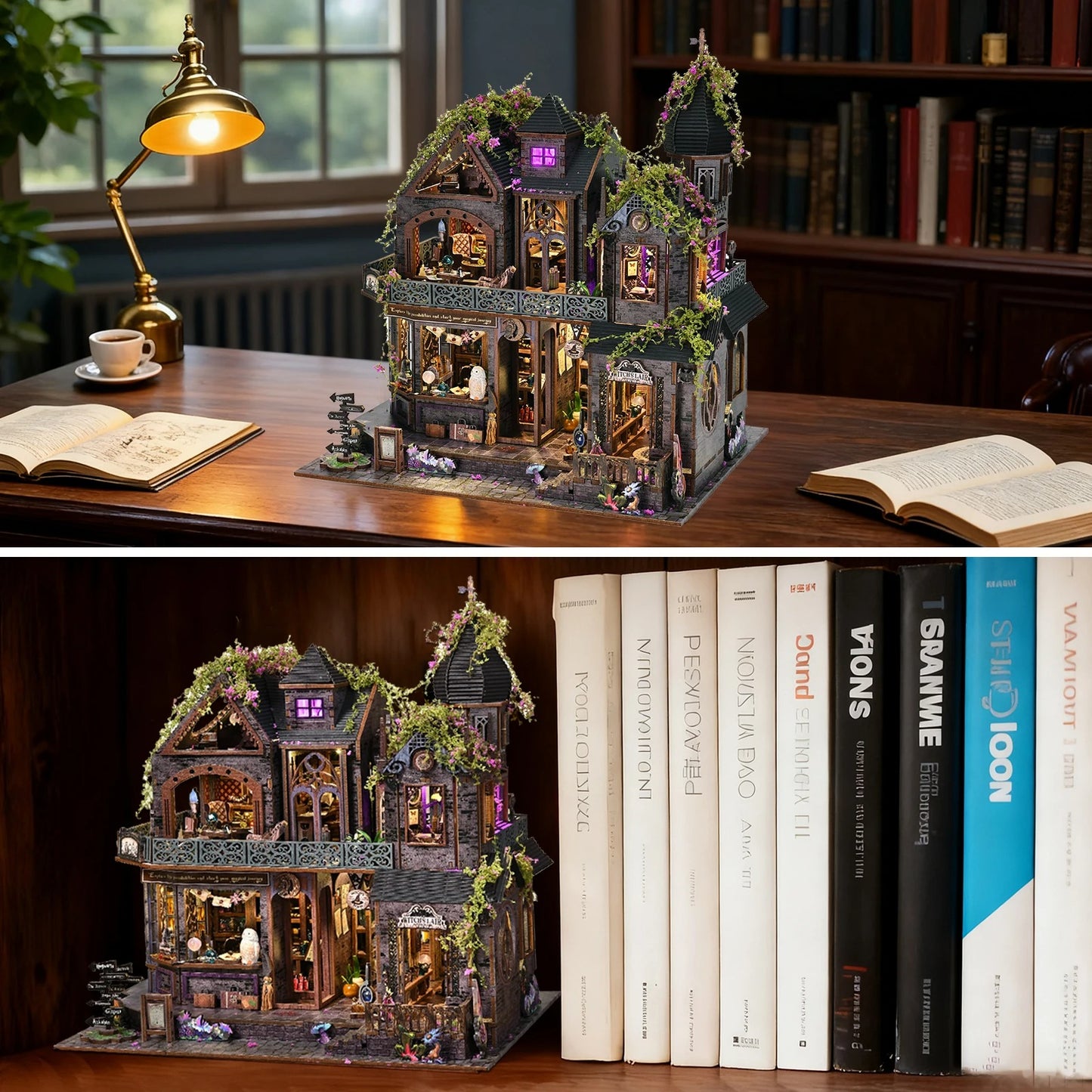 Maquette de maison de sorcière miniature exposée dans une bibliothèque entre des livres, avec éclairage LED chaleureux et ambiance mystique.