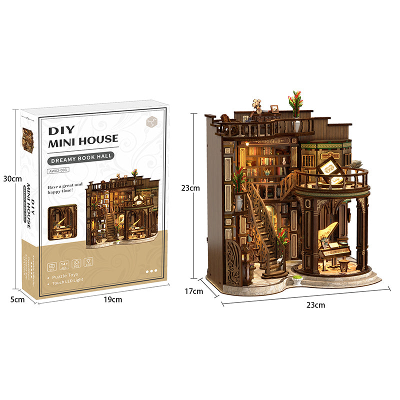 Boîte et maquette assemblée Dreamy Book Hall : serre-livres miniature DIY avec dimensions de l'emballage (30x19x5 cm) et du produit fini (23x23x17 cm). Puzzle 3D en bois pour adultes avec éclairage LED tactile.