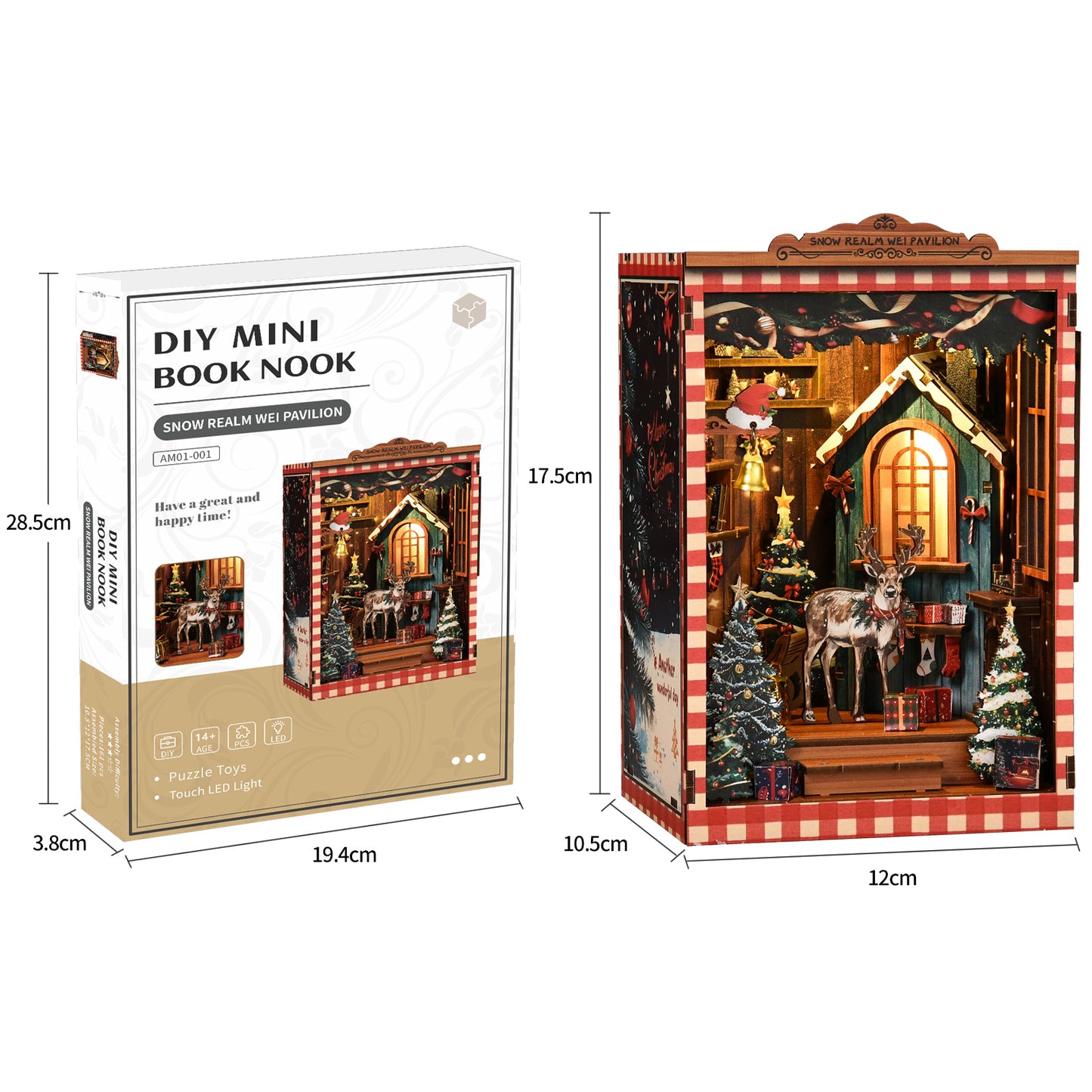 Schéma des dimensions d'un serre-livre miniature DIY Noël. Taille de l'emballage et du produit fini 17,5 cm de hauteur. Kit de construction puzzle 3D pour adultes et enfants dès 14 ans.
