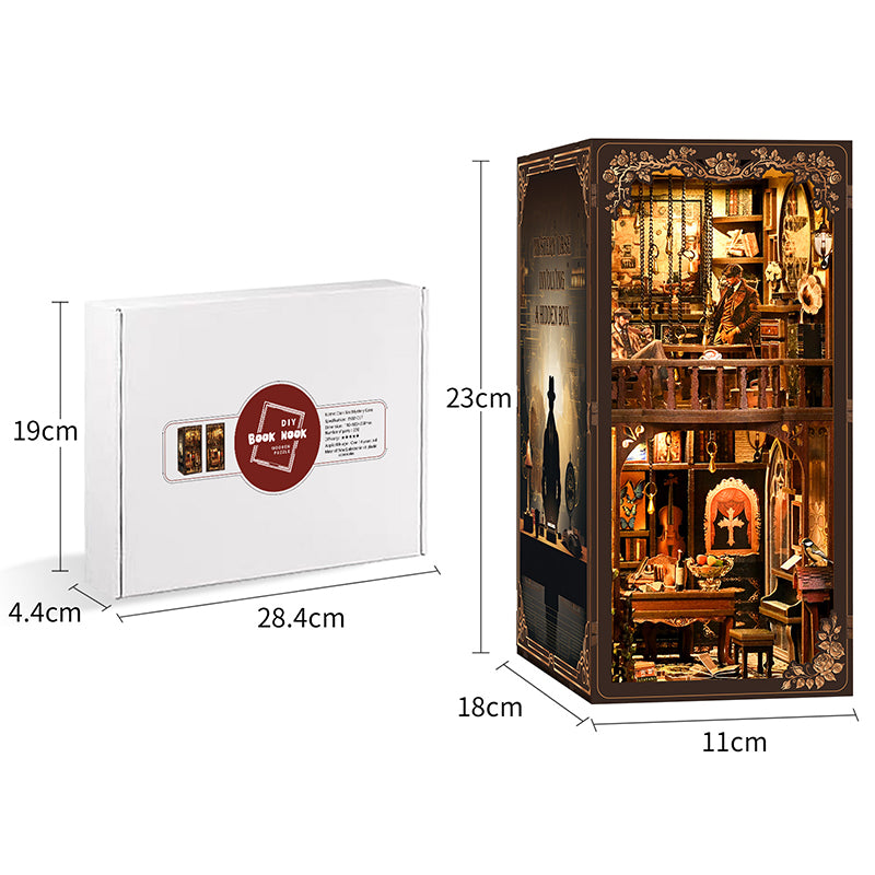 Kit Book Nook miniature en bois "Mystery Case" avec éclairage LED, diorama de bibliothèque style cabinet de détective victorien avec figurines et piano.