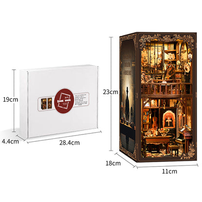 Kit Book Nook miniature en bois "Mystery Case" avec éclairage LED, diorama de bibliothèque style cabinet de détective victorien avec figurines et piano.