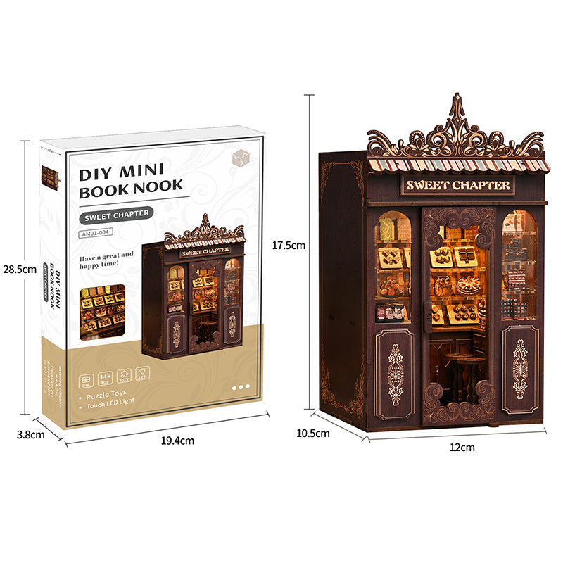 Spécifications du kit Book Nook Sweet Chapter : dimensions 10.5x12x17.5 cm, puzzle 3D de 189 pièces en bois. Temps de montage estimé entre 4 et 5 heures pour adultes et enfants de 14 ans et plus.