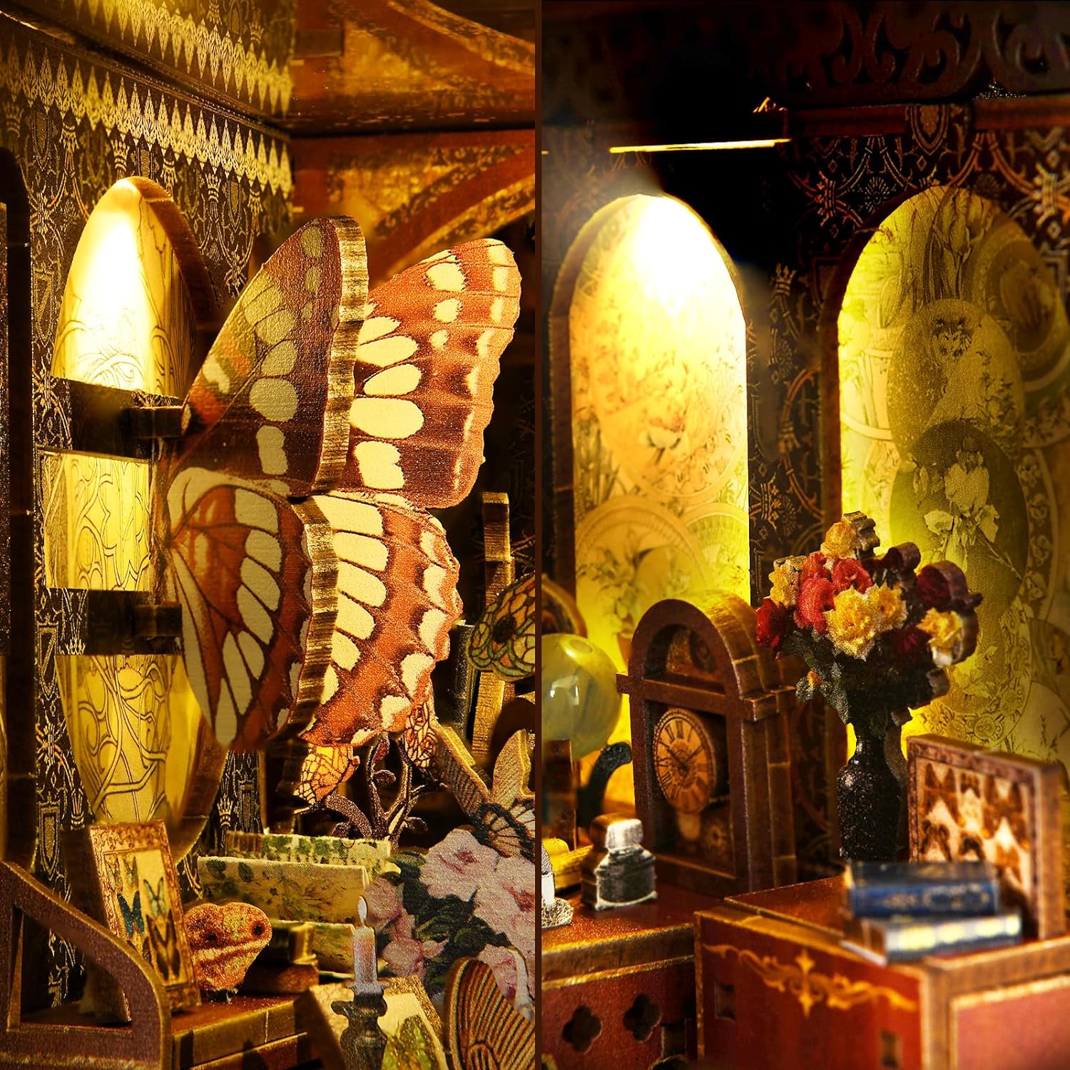 Montage de deux photos de la maquette 'Butterfly World' montrant un grand papillon en relief sur un mur décoré et un coin bureau miniature avec une horloge ancienne et un bouquet de fleurs.