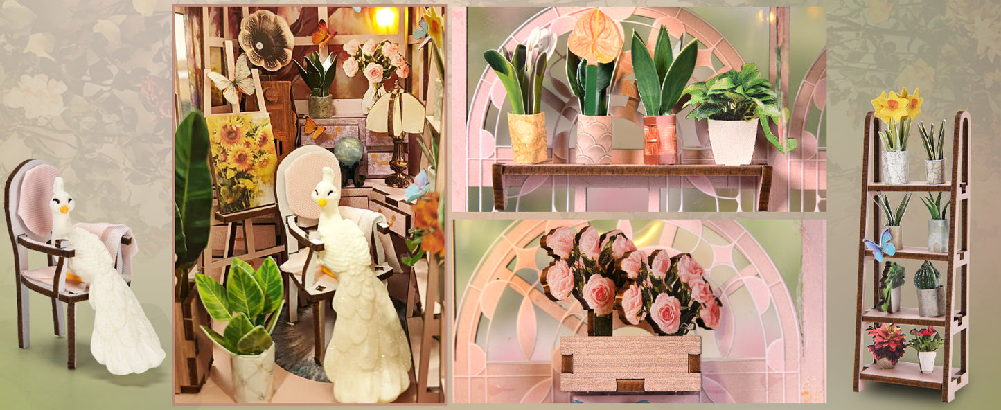 Zoom sur les éléments décoratifs d'une serre miniature : paon blanc, plantes en pot, fleurs et mini chevalet de peinture.