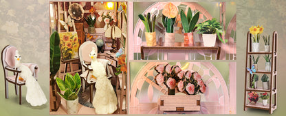 Zoom sur les éléments décoratifs d'une serre miniature : paon blanc, plantes en pot, fleurs et mini chevalet de peinture.