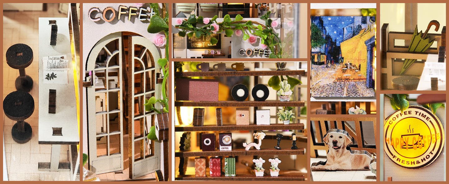 Image de présentation d'une vitre de protection pour le serre-livres miniature "Fascinating and Dangerous". À droite, une main insère un panneau acrylique transparent dans une fente supérieure du diorama illuminé, qui révèle un décor de forêt fantastique aux tons vert et or. Sur la gauche, un insert circulaire montre en gros plan une pince retirant le film protecteur de la plaque. Le visuel est complété par des instructions textuelles : le titre en haut indique que ce couvercle facilite le nettoyage et la p