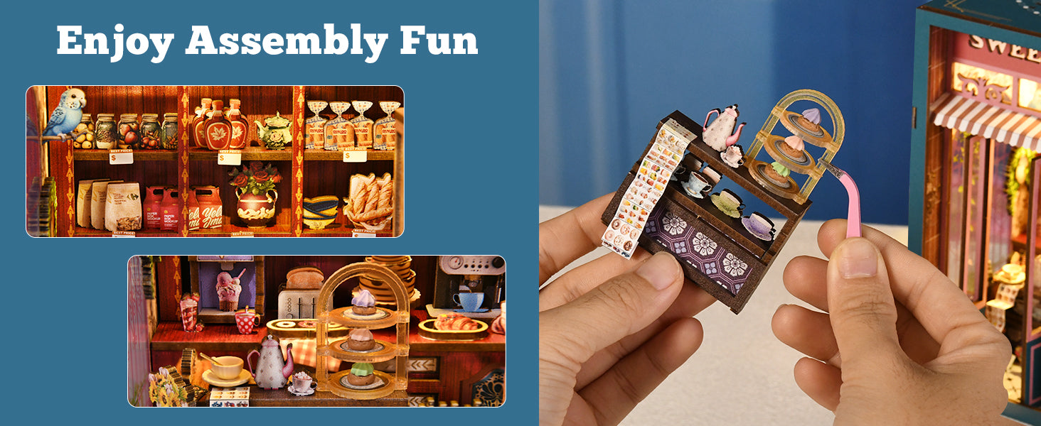 Assemblage de miniatures pour le kit Book Nook Sweet House : pose d'un présentoir à pâtisseries avec une pince de précision. Détails d'étagères de boulangerie avec pains, confitures et un petit oiseau bleu. Loisir créatif DIY