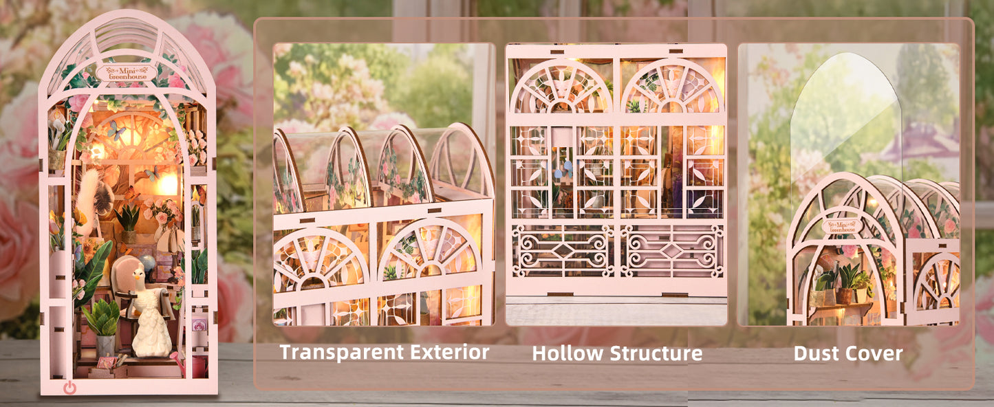 Maquette de serre miniature rose avec détails de conception et protection anti-poussière.
