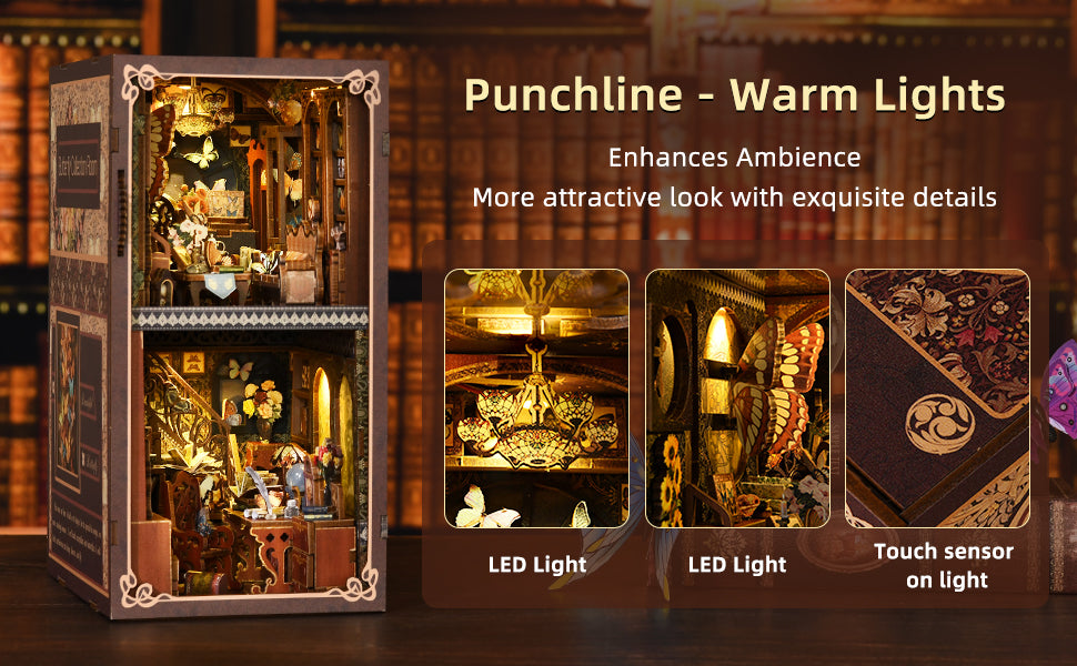 Présentation du système d'éclairage LED de la maquette 'Butterfly Collection Room' avec interrupteur tactile, montrant une ambiance chaleureuse illuminant les détails du lustre et des décorations murales.