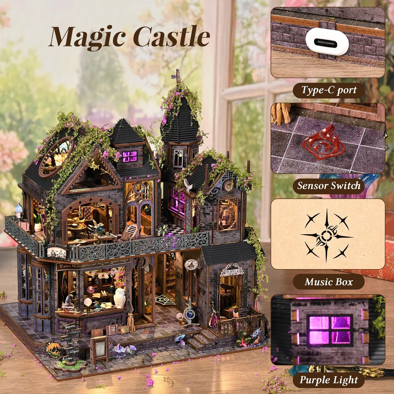 Maquette Magic Castle avec port Type-C, interrupteur à capteur sensoriel, boîte à musique intégrée et éclairage LED violet.