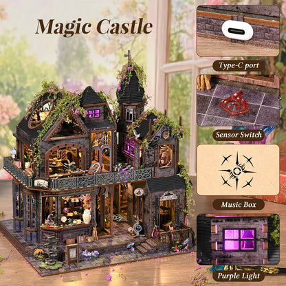 Maquette Magic Castle avec port Type-C, interrupteur à capteur sensoriel, boîte à musique intégrée et éclairage LED violet.