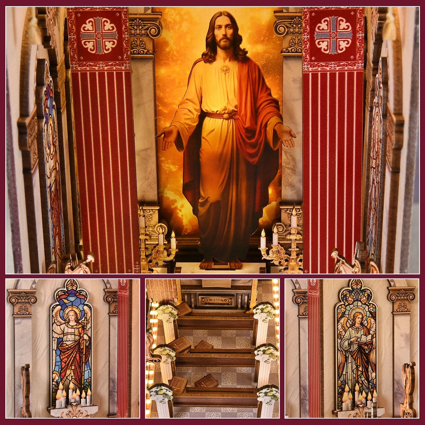 Détails intérieurs d'un book nook église : figurines de Jésus-Christ, vitraux miniatures colorés et allée centrale de cathédrale avec bancs en bois