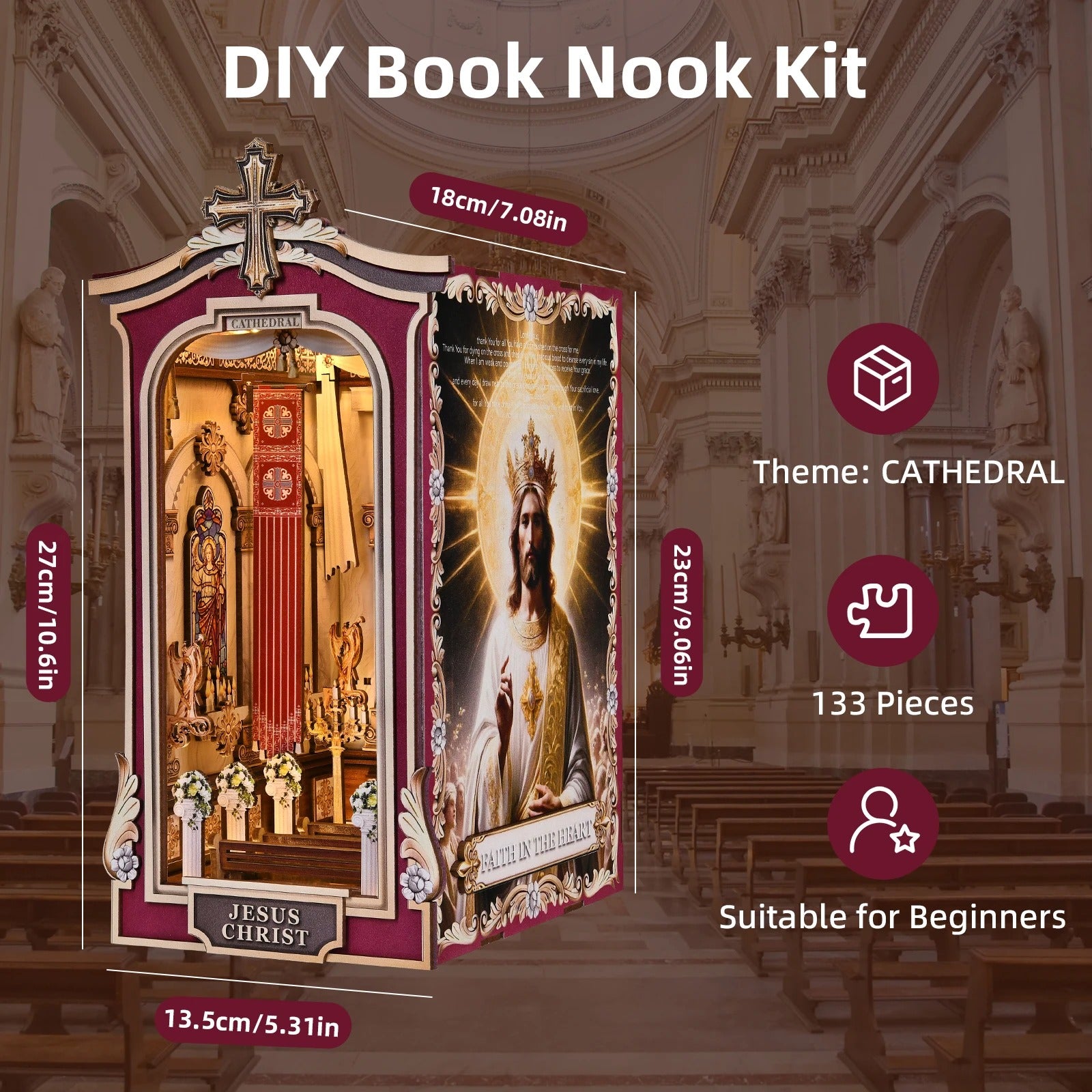 Dimensions et contenu du kit DIY Book Nook Cathédrale : 133 pièces, 27cm de hauteur, thème Jésus-Christ, niveau débutant avec éclairage LED.