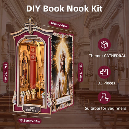 Dimensions et contenu du kit DIY Book Nook Cathédrale : 133 pièces, 27cm de hauteur, thème Jésus-Christ, niveau débutant avec éclairage LED.