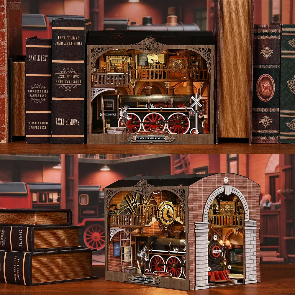 Diorama serre-livres 'Train Repair Station' en bois avec éclairage LED, installé dans une bibliothèque entre des livres de collection
Serre-livres décoratif style industriel et vintage représentant une station de maintenance de train miniature pour étagère.