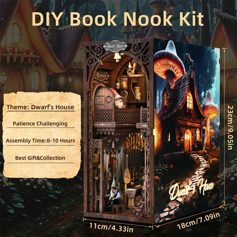 Détail cuisine miniature d'un kit Book Nook DIY sur le thème "Dwarf House" avec figurine de nain, fenêtre ronde sur forêt de champignons et festin miniature.