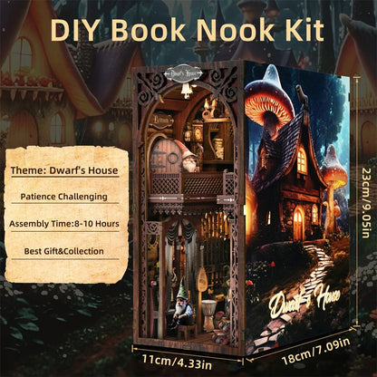 Détail cuisine miniature d'un kit Book Nook DIY sur le thème "Dwarf House" avec figurine de nain, fenêtre ronde sur forêt de champignons et festin miniature.
