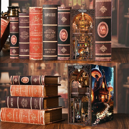 Kit DIY Book Nook Dwarf House en bois, serre-livres miniature maison de nain de 23cm de haut avec éclairage LED et temps de montage de 8 à 10 heures.