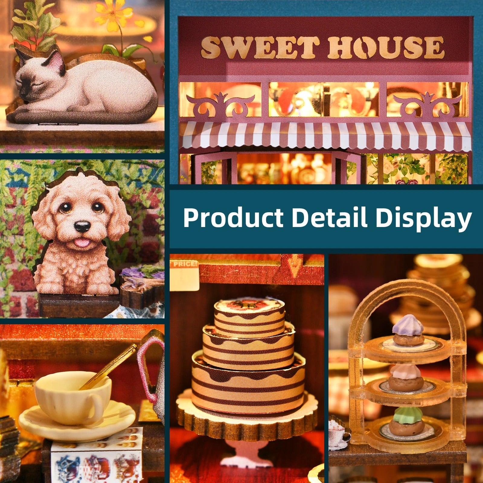 Affichage des détails du kit Book Nook Sweet House : figurines de chat et chien, pâtisseries miniatures, gâteau à étages, tasse de thé dorée et enseigne lumineuse. Zoom sur la qualité d'une maquette DIY en bois