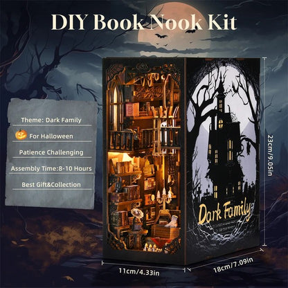 Kit de serre-livres miniature (Book Nook) à assembler soi-même, thème « Dark Family » inspiré d'Halloween, avec éclairage LED chaleureux et détails de manoir hanté.