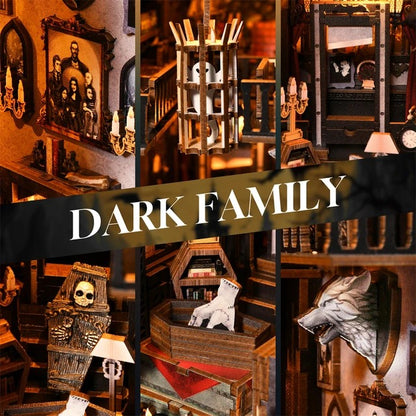Détails du kit DIY Book Nook 'Dark Family' : dôme de verre géométrique, portraits de famille gothiques, fantôme en cage, main de la Famille Addams, cercueil et trophée de loup-garou.