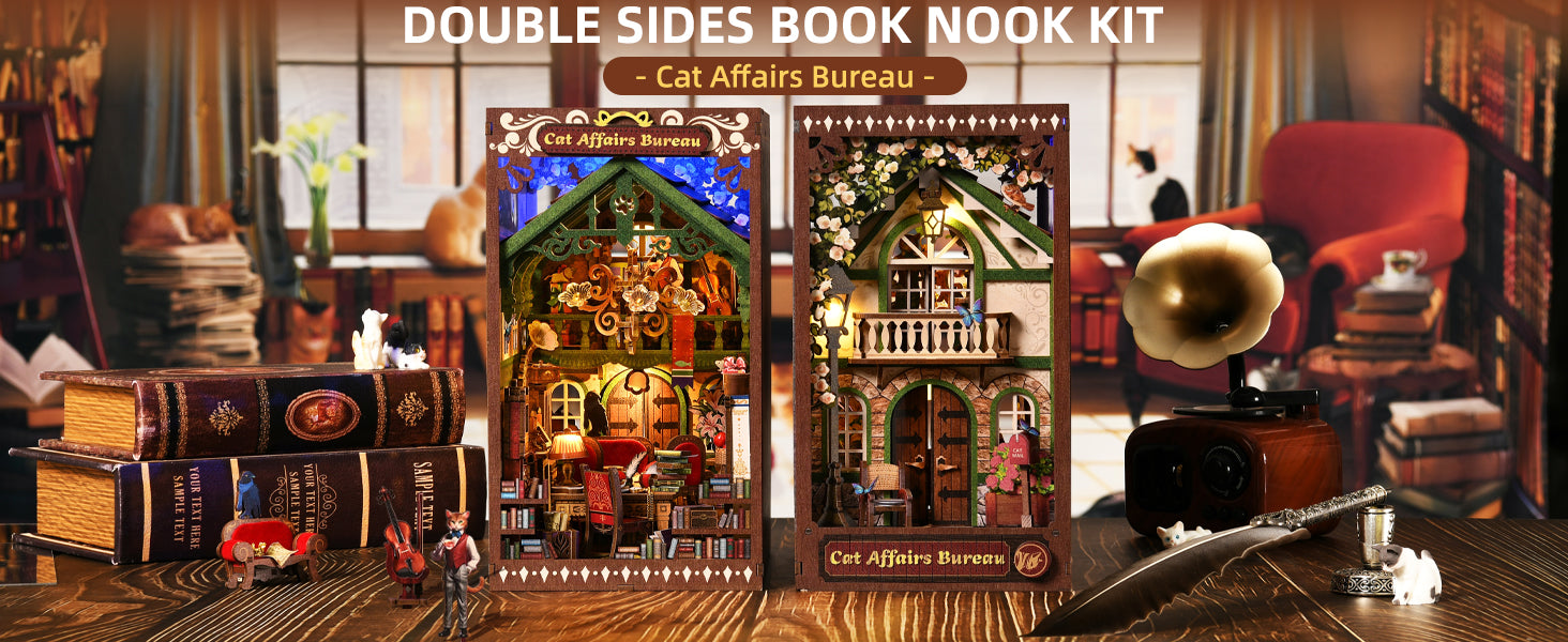 Double Book Nook Kit "Cat Affairs Bureau" : maquette de bureau vintage et façade de maison de ville avec figurines de chats, gramophone miniature et bibliothèque richement détaillée