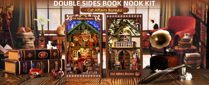 Double Book Nook Kit "Cat Affairs Bureau" : maquette de bureau vintage et façade de maison de ville avec figurines de chats, gramophone miniature et bibliothèque richement détaillée