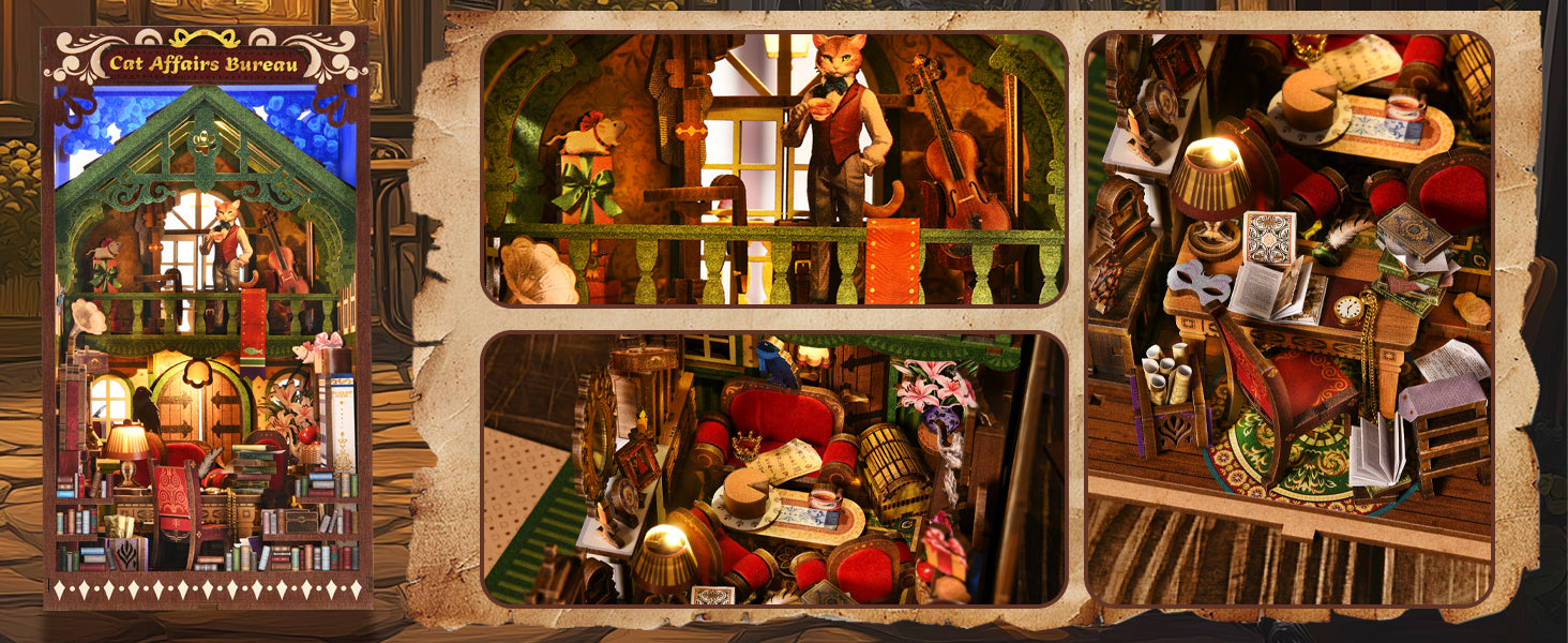 Zoom sur les détails du Book Nook Cat Affairs Bureau : figurine de chat élégante prenant le thé, violoncelle miniature, miroir baroque doré et étagère de vaisselle ancienne.