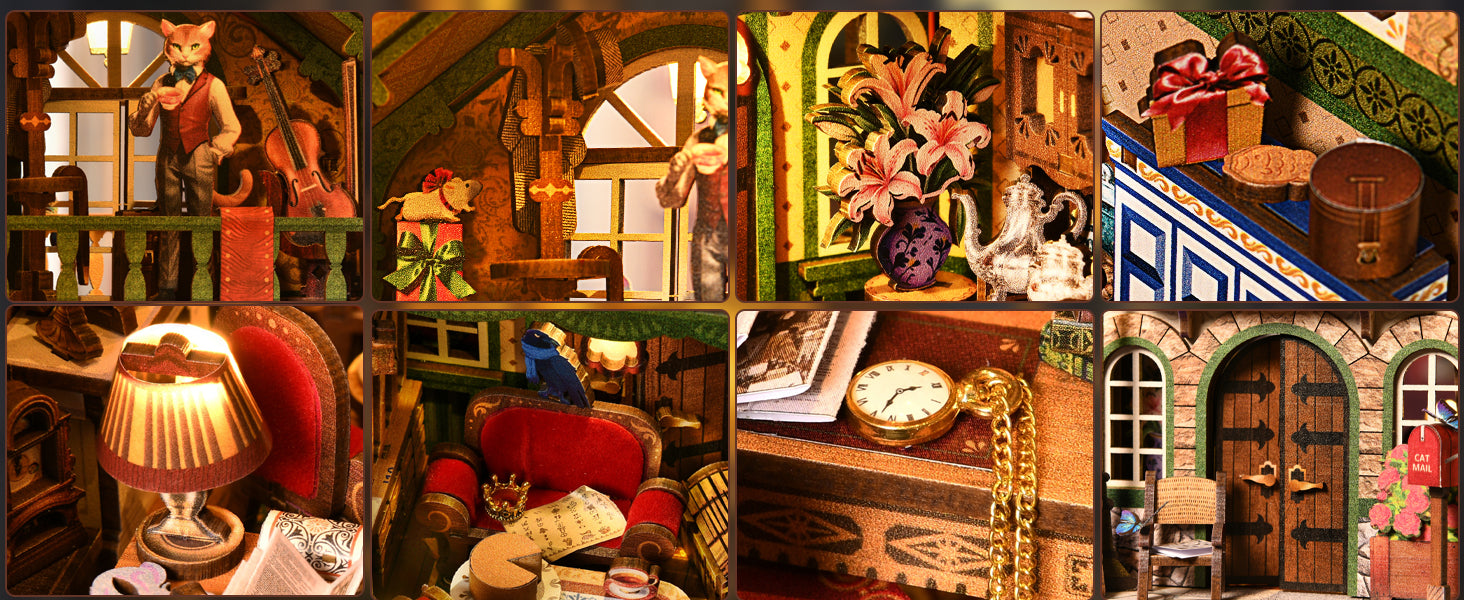 Détails réalistes du kit Book Nook Cat Affairs Bureau : figurine de chat anthropomorphe, violoncelle miniature, miroir baroque doré et étagère de cuisine vintage en bois.